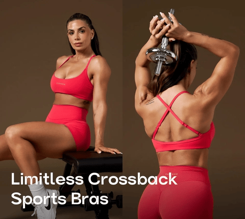 Four views: first, a woman in a red set seated on a gym bench, followed by a view from the back lifting a dumbbell to showcase the cross-back sports bra. Next, another woman holds a ball to show her side profile, paired with a close-up of the neck to highlight the adjustable halter strap.