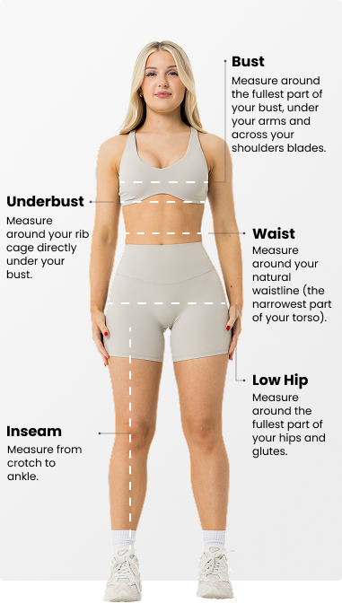 Woman in athletic wear with labeled body measurements on a white background