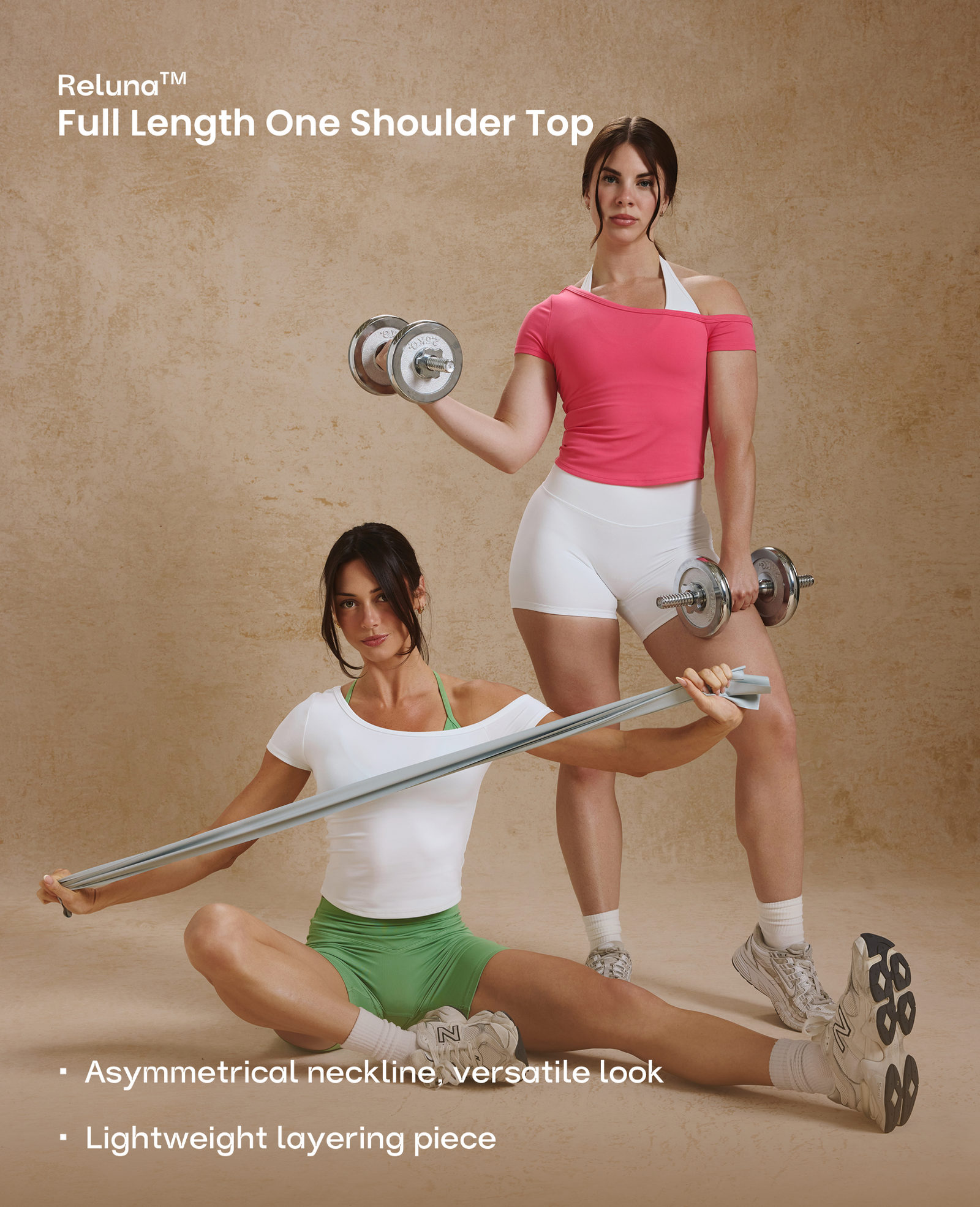 Two women exercising with weights, wearing full-length one-shoulder tops.