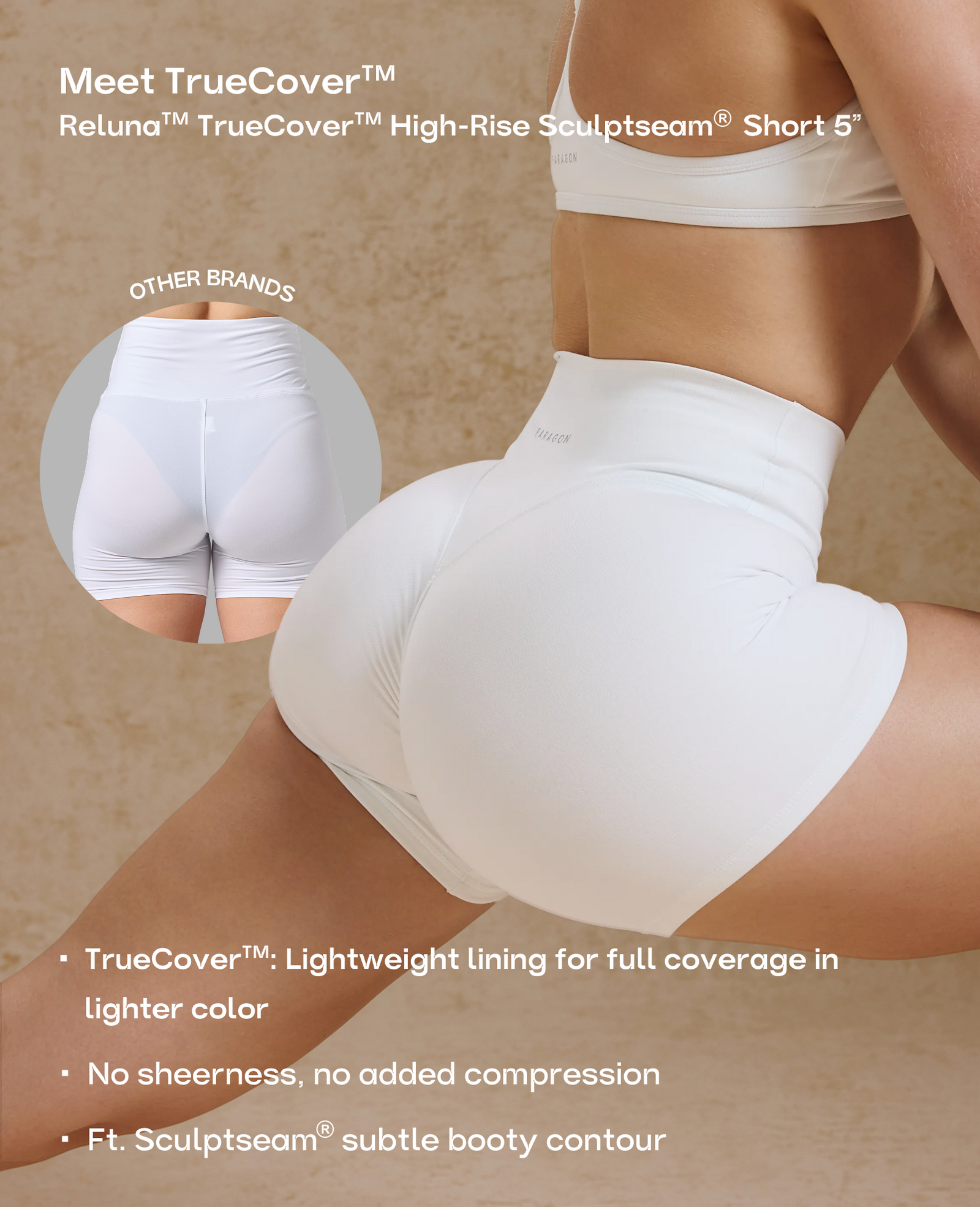 A model wearing white shorts featuring new TrueCover technology that eliminates sheerness without adding compression.